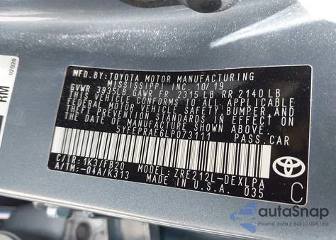 2020 Toyota Corolla Le from USA, damaged, VIN 5YFEPRAE6LP073111